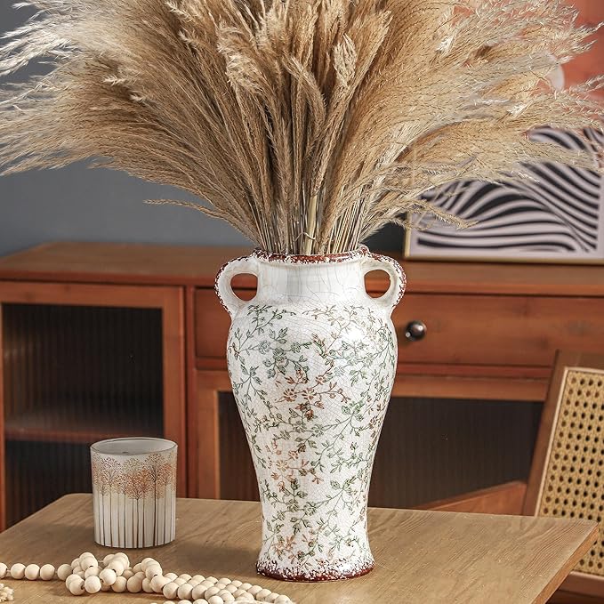 Enra Farmhouse Vintage vase with Handle,12.6 in Ceramic Chinoiserie Floral Vase,Green and Beige Decorative Flower vase,Large Rustic Vases for Home Decors, Living Room, Bookshelf, Office