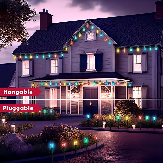 Joiedomi 30.75FT C9 Christmas Pathway Stake Lights, 24 LED Jumbo Bulbs Outdoor Walkway Green Wire Connectable Multicolor Decor for Holiday Commercial Xmas Yard Garden Lawn