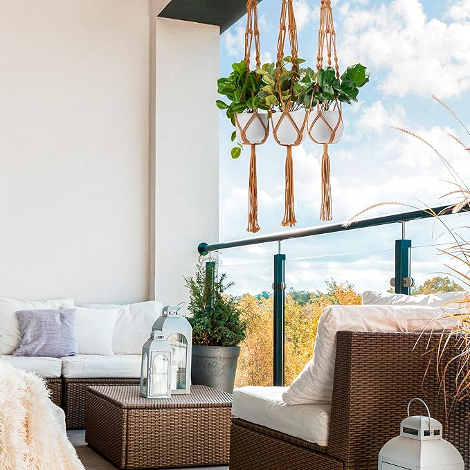 Sorbus Macrame Plant Hanger (4 Pack) Indoor Outdoor Hanging Plant Pots Cotton Rope, Elegant for Home, Patio, Garden (Brown)