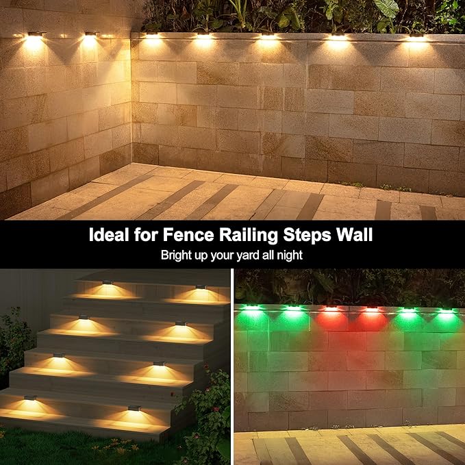 Ellasay Solar Fence Lights Outdoor: IP65 Waterproof RGB Solar Powered with 8 Lighting Modes - Wall Decor for Garden Deck Patio Backyard Balcony 6 Pack