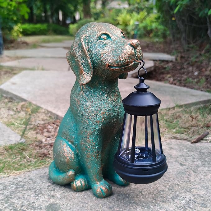 Dog Garden Statues with Solar Lantern Outdoor Decor-Dog Solar Figurines Lights Decorations for Patio Yard Lawn Ornaments-Gifts for Birthday Easter Housewarming