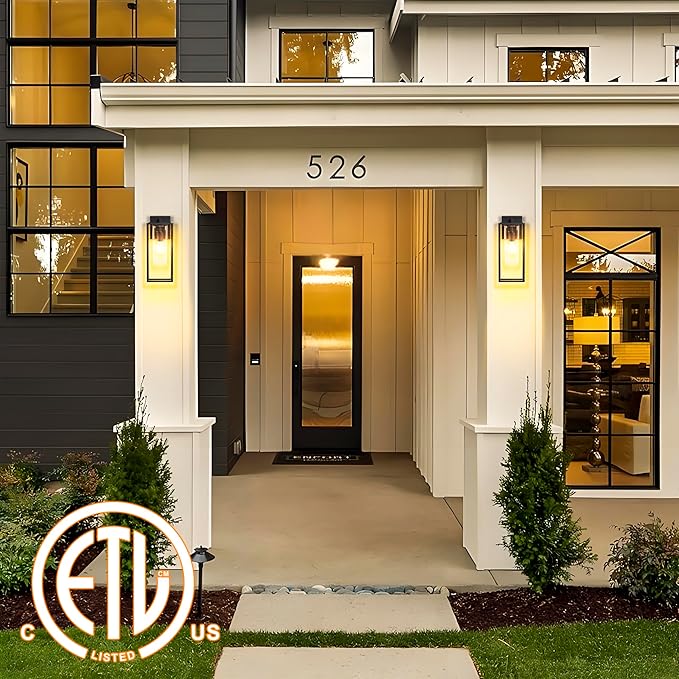 15.7 Inch Outdoor Wall Lights, Black Outdoor Wall Lantern with Square Clear Glass Shade, Waterproof Exterior Lighting Fixtures, Modern Front Porch Lighting for House, Garage, E26 Base, ETL Listed