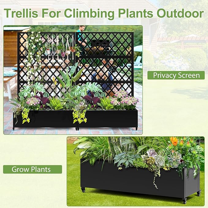 Metal Planter Trellis Box with Wheels & Drain Plug Outdoor Raised Garden Bed Patio Privacy Screen with Planter for Climbing Plants, Vegetables 73"x47"x16" Black-Diamond