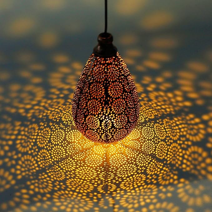 MAGGIFT 2 Pack Solar Hanging Lights, Solar Powered Decorative Retro Lantern with Handle, Warm White LED Christmas Garden Boho Flower Lights, Metal Drop Shape Waterproof Outdoor Yard Tree Fence Patio