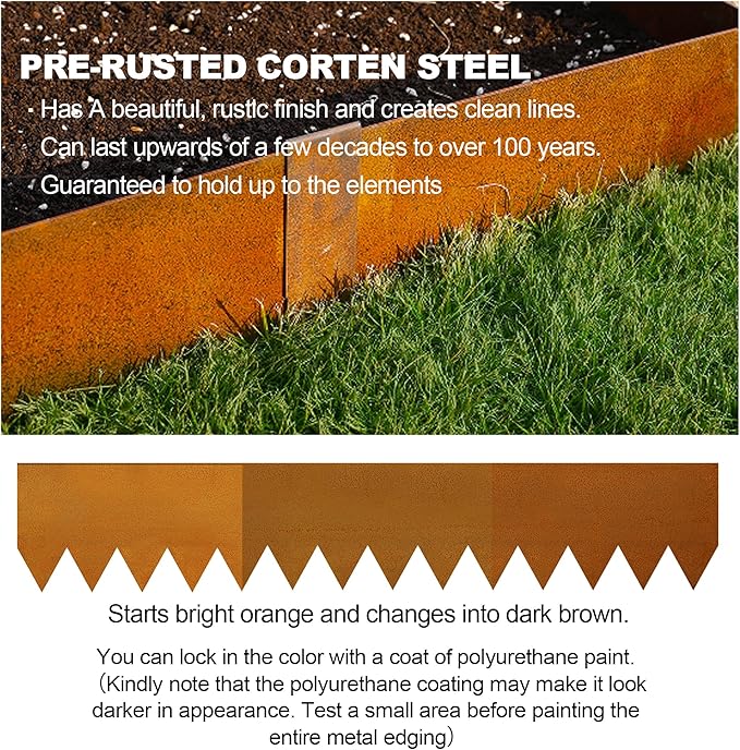 KOL Corten Steel Pre-Rusted Garden Lawn Edging - 6-Pack Metal Landscape Edging Strips - Heavy Duty Hammer-in Cor-Ten Steel Rust Border with 7 Clips - 14-Gauge - 40" L x 5.5" H (20FT Total Length)