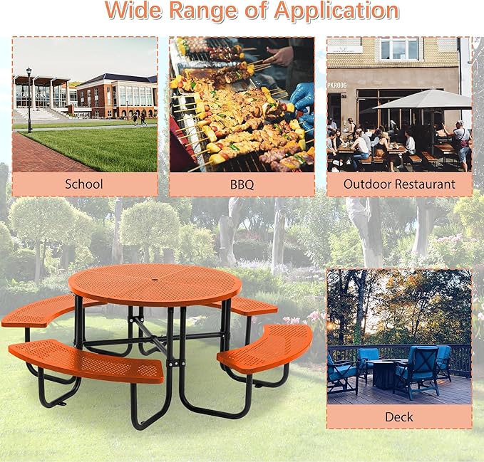 46'' Steel Round Picnic Table for Outdoors, Expanded, Lifetime Picnic Table with Umbrella Hole, Heavy Duty Sturdy Commercial Picnic Tables for Garden Courtyard BBQ, Orange