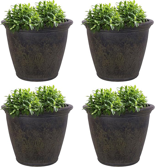 Sunnydaze 24-Inch Anjelica Large Plastic Pot for Plants - Outdoor Polyresin Round Planter with Drillable Drainage Holes - Sable - 4pk