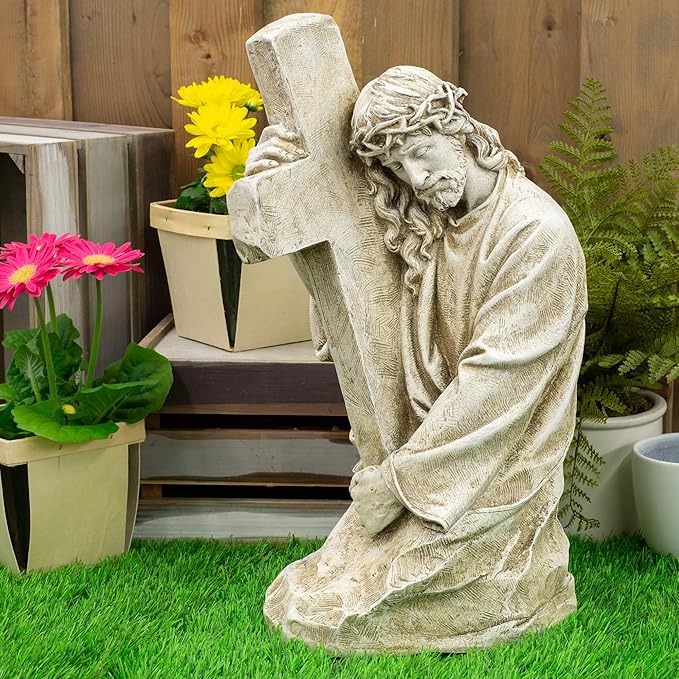 Joseph's Studio by Roman, Jesus Holding a Cross Garden Statue, Religious Outdoor Decor