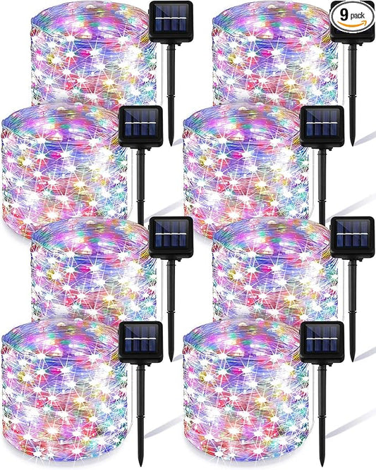 Treela 9 Pack Solar String Lights for Outside, 39 ft 100 LED Outdoor Fairy Lights Waterproof Copper Wire 8 Modes Solar Twinkle Lights for Patio Garden Tree Yard Party Decor(Colorful)