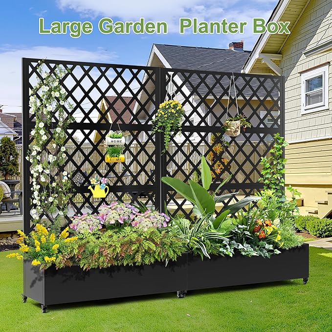 Metal Planter Trellis Box with Wheels & Drain Plug Outdoor Raised Garden Bed Patio Privacy Screen with Planter for Climbing Plants, Vegetables 73"x47"x16" Black-Diamond