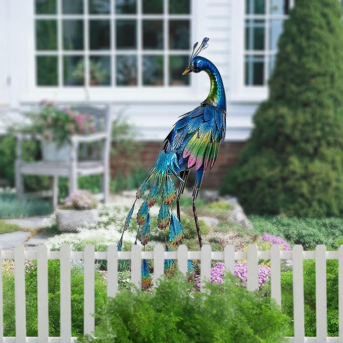 TERESA'S COLLECTIONS Outdoor Decor Peacock Yard Art Garden Sculptures & Statues,Blue Small Metal Bird Lawn Ornaments,18" Outside Mardi Gras Decorations for Porch,Patio,Pond Decor,Gifts for Mom