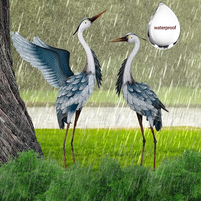 TERESA'S COLLECTIONS Garden Decor Blue Heron Yard Art,22.8-25" Large Metal Cranes Sculptures & Statues Decoy for Outdoor Indoor Decorations, Outside Patio, Pool, Lawn, Set of 2, Spring,Gift for Mom