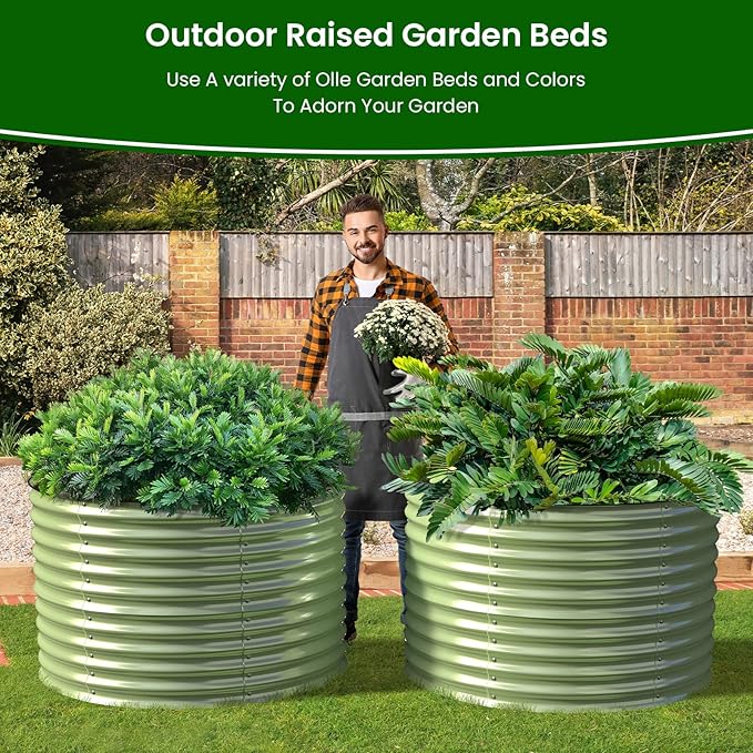 Olle 32" Tall, Raised Garden Beds Outdoor for Vegetables, Round Galvanized Raised Garden Bed, Metal Garden Boxes Outdoor Plater Box, Sage Green