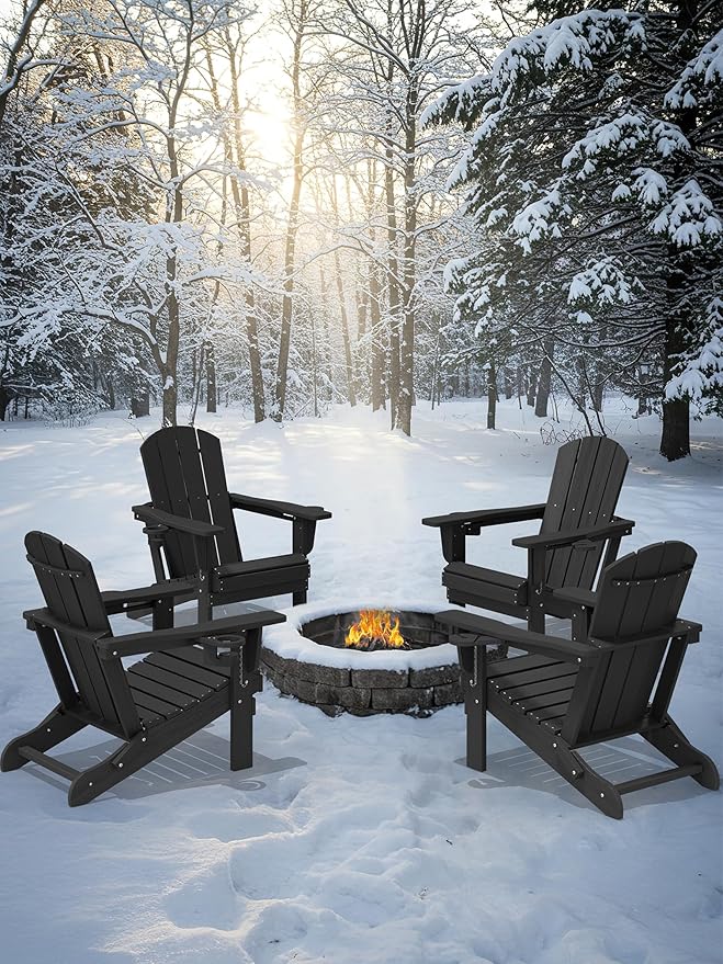 KINGYES Folding Adirondack Chair Set of 6, Dual Cup Holders & All-Weather HDPE, Wood-Like Patio Chair for Backyard, Camping, Pool & Fire Pit, Black