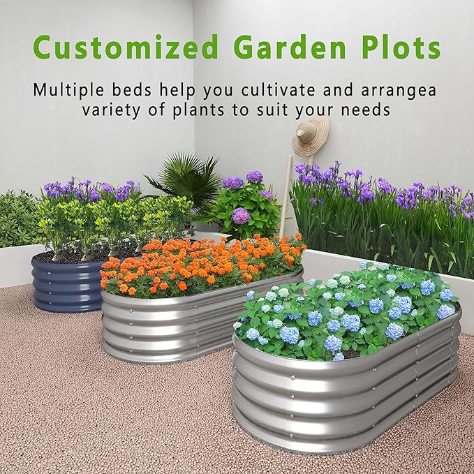 KFN 8x1.8x1FT Galvanized Raised Garden Bed,Raised Garden Bed Kit-Oval Metal Vegetable Box,Large Planter Flower Boxes Outdoor,Planting for Vegetables,Flower,Herb,Grey,0.7mm