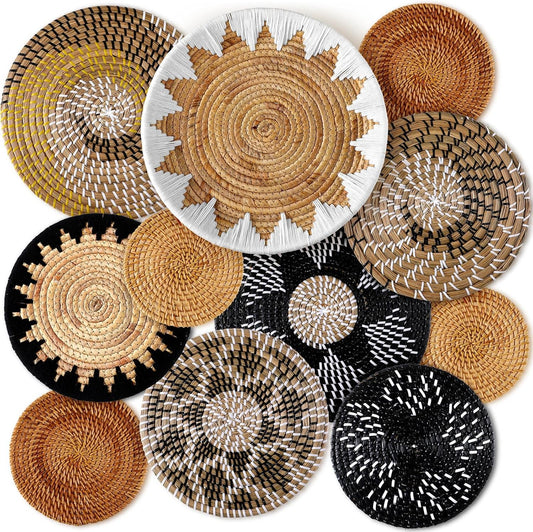 Xuhal 11 Pcs Boho Hanging Wall Basket Decor Handmade Woven Basket Wall Decorative Boho Wicker Baskets Placemats Round Farmhouse Bulrush Art for Rustic Home Decorations Christmas Gift(Stylish)