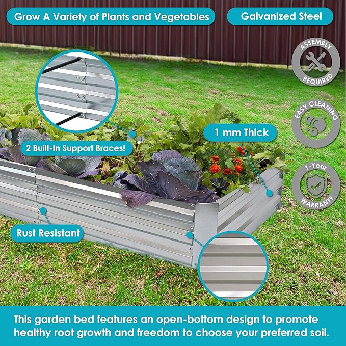 Sunnydaze Galvanized Steel Rectangular Raised Garden Bed - for Flowers, Plants, and Vegetables - Silver - 3 x 6 ft