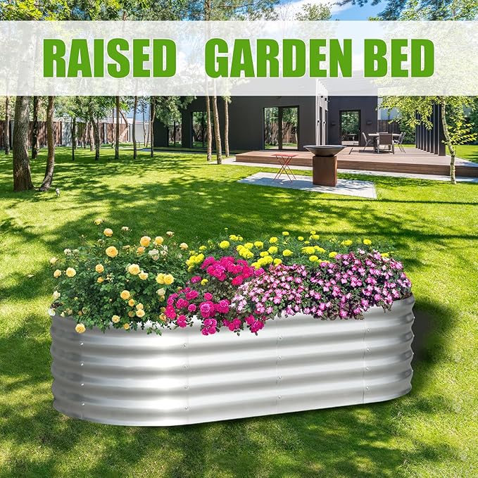 SnugNiture Galvanized Raised Garden Bed, 8x4x1.5ft Oval Metal Planter Box for Planting Outdoor Plants Vegetables