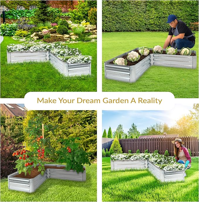 Sunnydaze 11.75" H Raised Metal Garden Bed - Galvanized Raised Garden Bed Outdoor for Vegetables and Flowers - Silver - L-Shaped