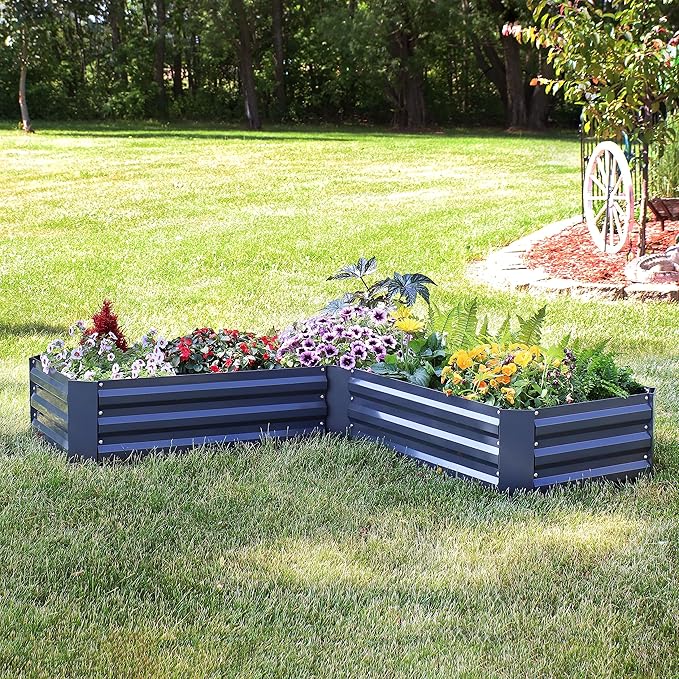 Sunnydaze 11.75" H Raised Metal Garden Bed - Galvanized Raised Garden Bed Outdoor for Vegetables and Flowers - Dark Gray - L-Shaped