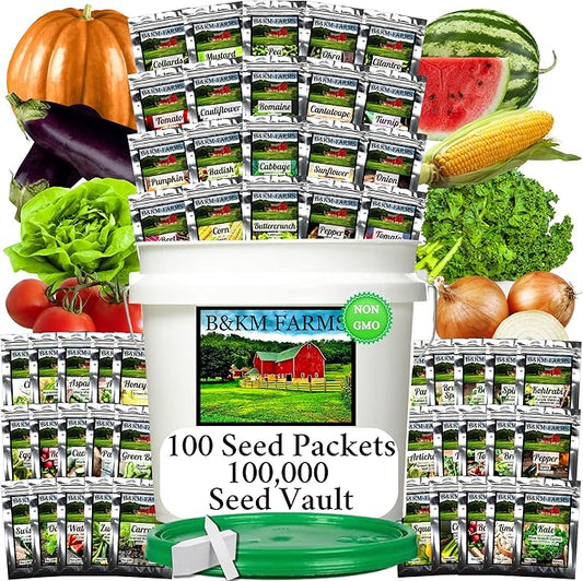 100 Seed Packets, 50 Varieties: Ultimate Seed Vault for Home Food Security & Abundant Gardens by B&KM Farms