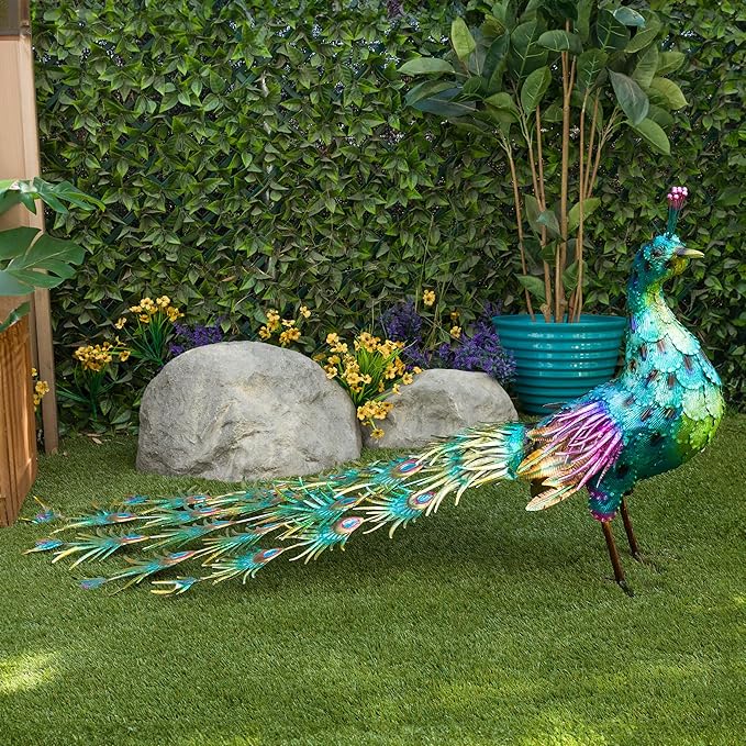 Alpine Corporation HEH378 Metal Jumbo Sized Majestic Peacock Decor, Elegant Garden & Patio Bird Statue, 33" H, Blue