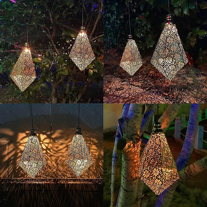 MAGGIFT 2 Pack Solar Hanging Lights, Solar Powered Retro Lantern with Handle, Warm White LED Christmas Garden Lights, Metal Diamond Shape Lamp Waterproof for Outdoor for Yard Tree Fence Patio