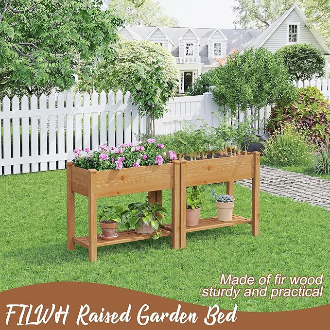 FILWH Raised Garden Bed with Legs Elevated Wooden Planter Box Stand Large Planter Stand Box for Fruits Vegetables Flowers with Divider with Bag - 34x18x30.5IN（Brown）