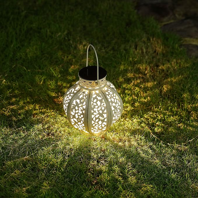 MAGGIFT 2 Pack Hanging Solar Lights for Outside,Solar Lanterns Outdoor Waterproof,Retro Hanging Lantern with Handle for Yard, Garden Decor, Gardening Gifts, Mom Birthday Gift, Beige White