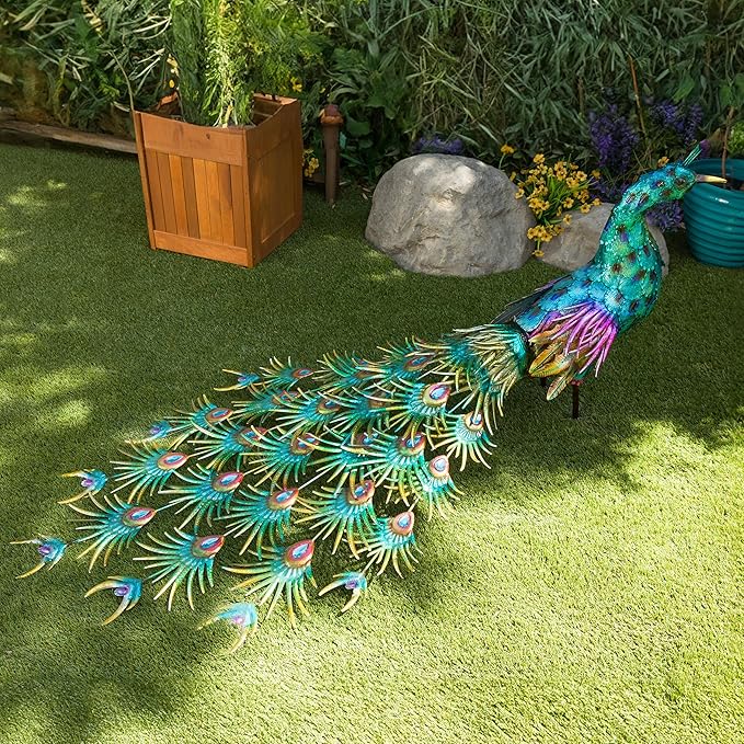 Alpine Corporation HEH378 Metal Jumbo Sized Majestic Peacock Decor, Elegant Garden & Patio Bird Statue, 33" H, Blue
