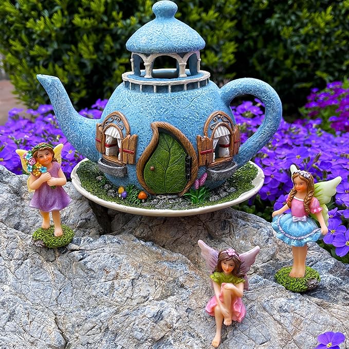 Mood Lab Fairy Garden Miniature Teapot House Kit - Figurines and Accessories Set of 4 pcs - 7.1 Inch Tall House