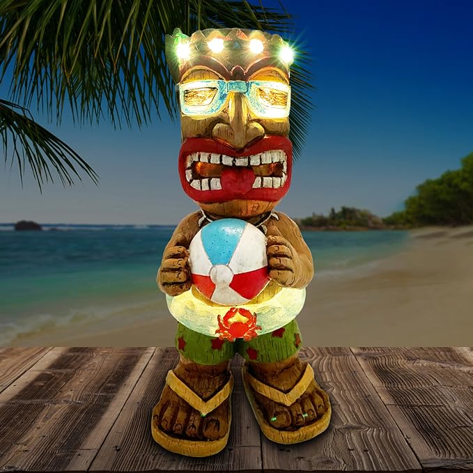 Large Float Tiki Garden Statue,Funny Tiki Decor Figurine with Multi-Color Changing Solar Lights,Hawaiian Tiki Man Outdoor Patio Yard Lawn Bar Party Beach Pool Decoration,Christmas Ornament Gift