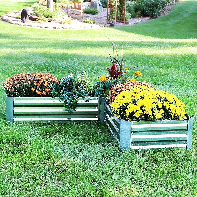 Sunnydaze 11.75" H Raised Metal Garden Bed - Galvanized Raised Garden Bed Outdoor for Vegetables and Flowers - Silver - L-Shaped