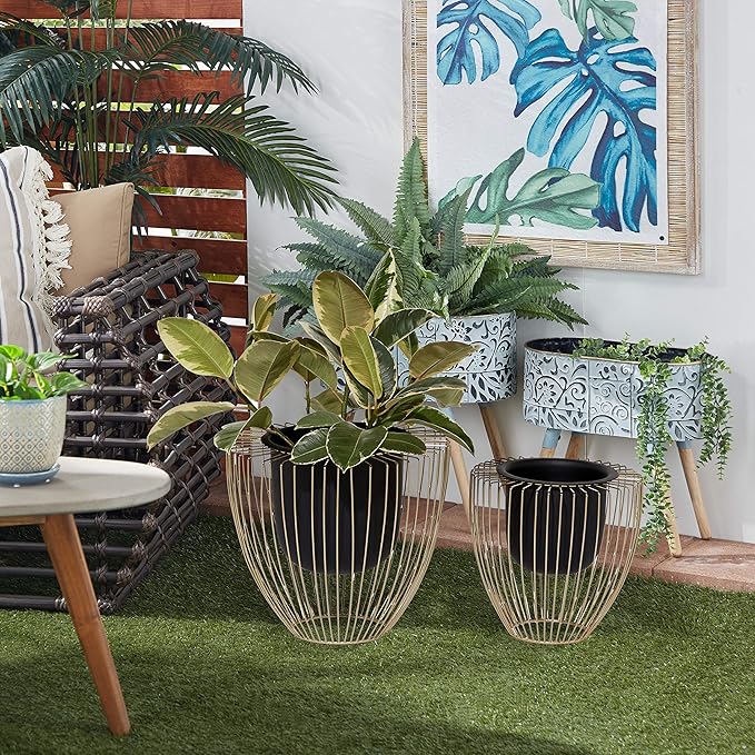 Deco 79 Contemporary Metal, Set of 2 Planters 10", 12"H, Black