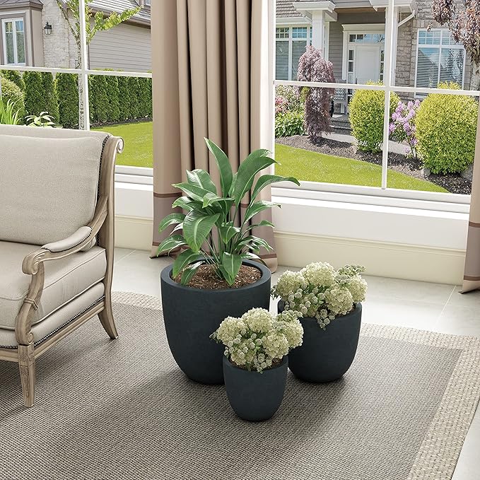 Kante 18",14",10" Dia Concrete Round Planters (Set of 3), Outdoor Indoor Large Planter Pots with Drainage Hole and Rubber Plug for Home Patio Garden, Dark Gray