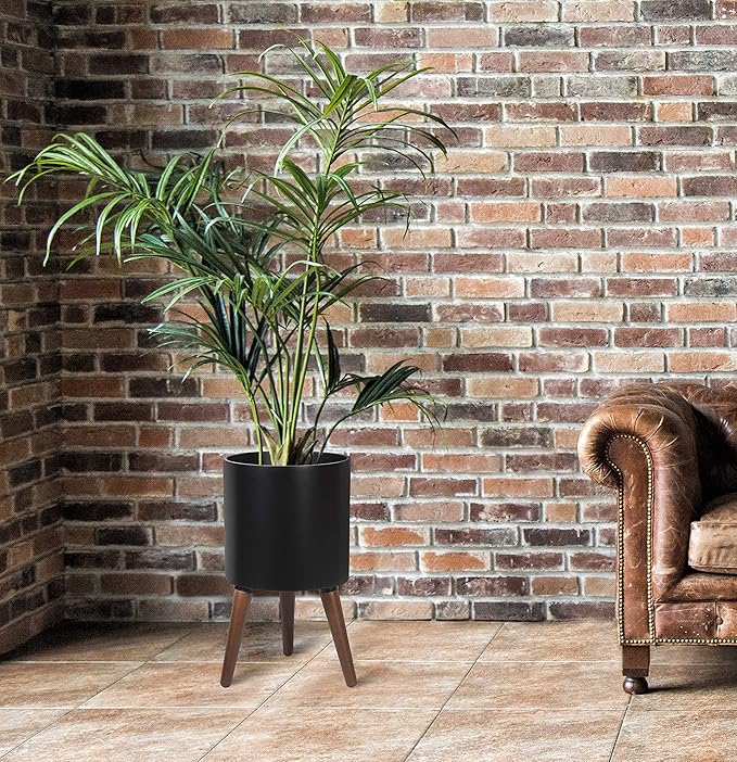 D'vine Dev 10 Inch Planter Pot with Stand, Mid-Century Tall Plant Pot with Legs for Indoor Plants, Medium, Black, 88-O-B-2