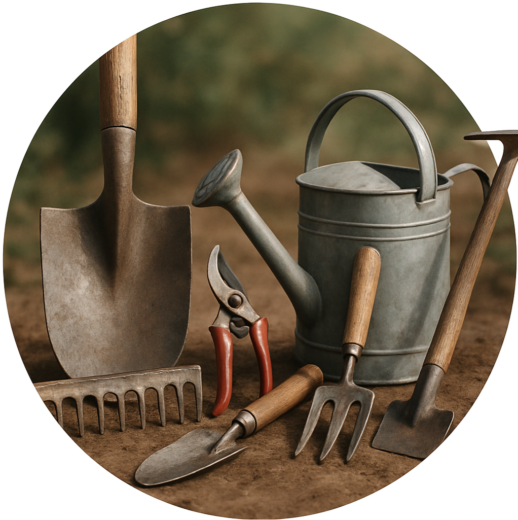 circle photo of garden tools, make it a real photo